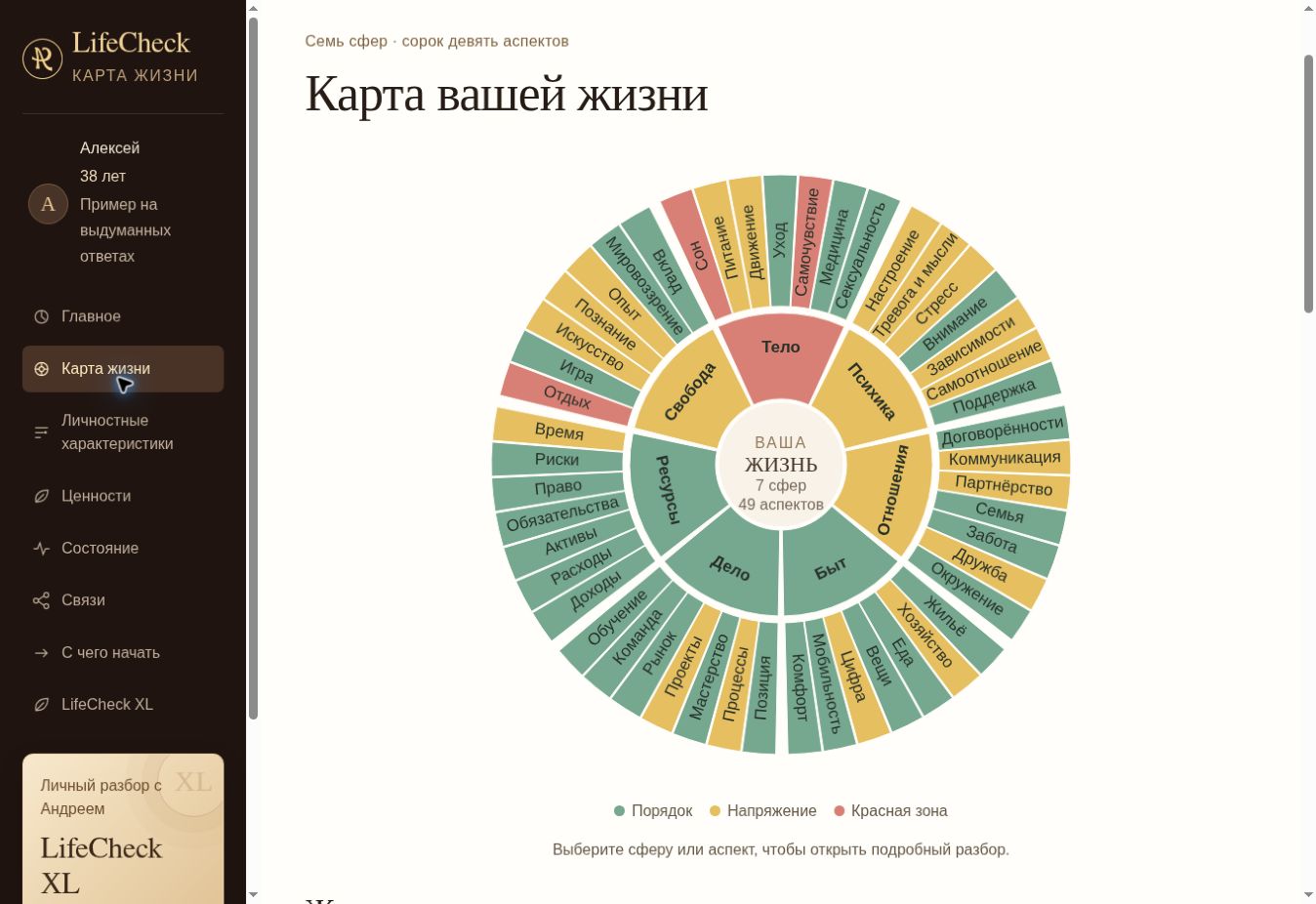 Страница отчёта LifeCheck: круг с семью сферами и 49 темами жизни